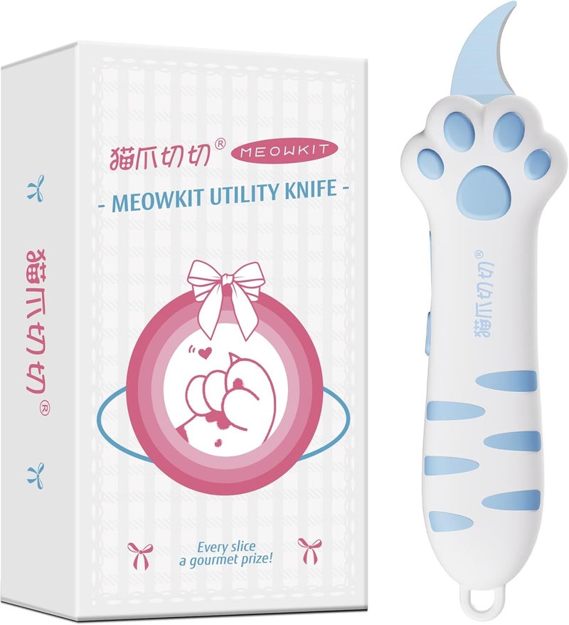 MEOWKIT Cat Paw Box Cutter Retractable with Cat Paw Handle, Multifunctional Knife Set (Blue) - Image 1